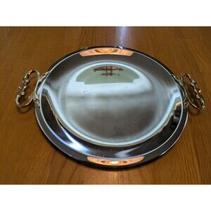 Vintage Kromex 13" Round Serving Tray Brass Handles Chrome Plated Platter